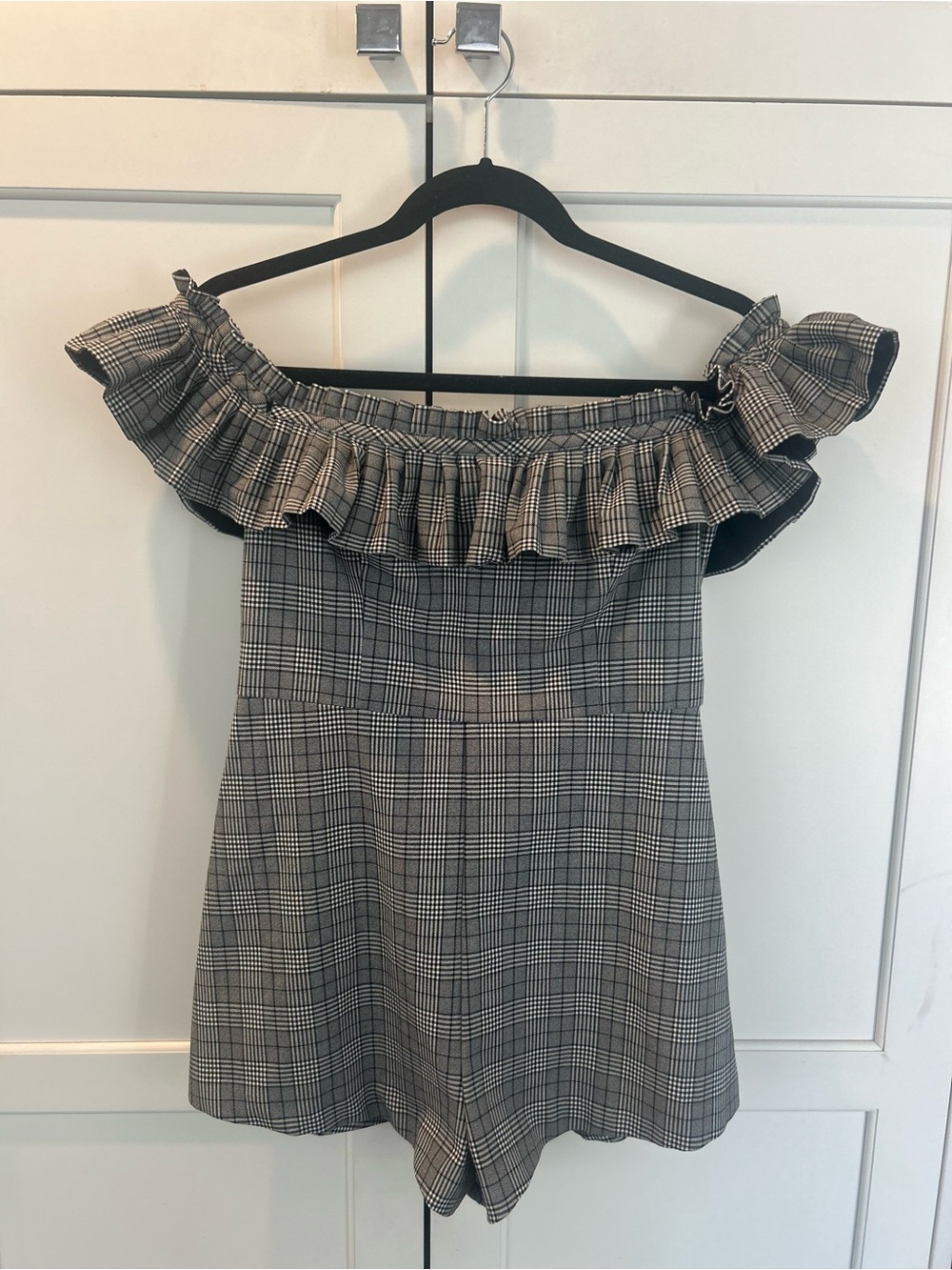 Urban Outfitters Off the Shoulder Ruffle Plaid Romper in Black & White